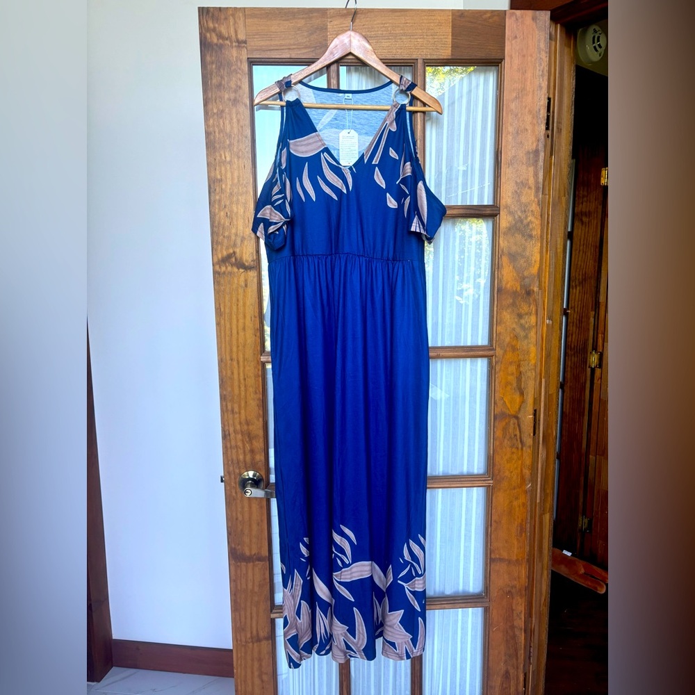 Elegant Blue and Beige Women's Dress cold shoulder